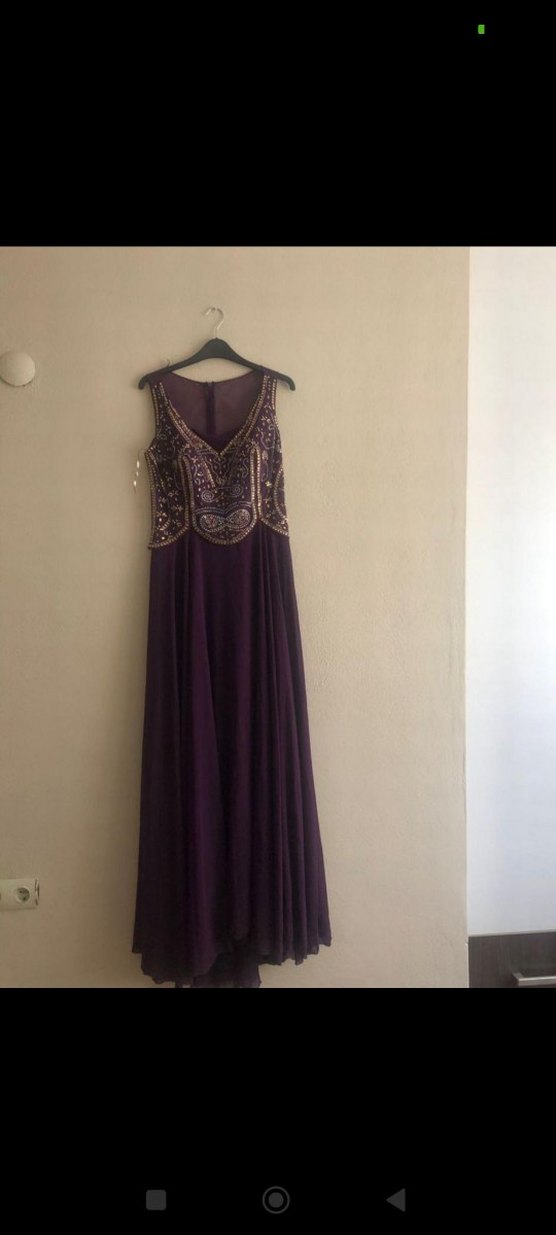 Boncuk İşlemeli Mor Uzun Abiye Elbise - Görsel 2