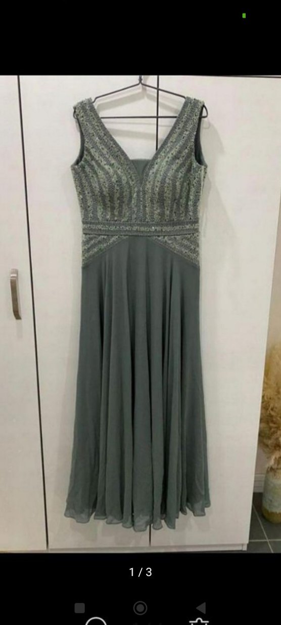 İşlemeli V Yaka Uzun Gri Abiye Elbise - Görsel 4