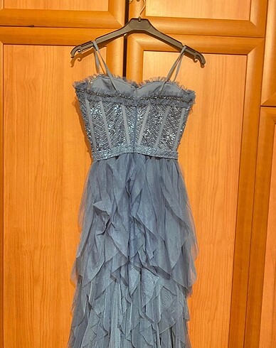 xs Beden Mavi işlemeli abiye elbise