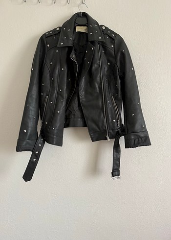 Nakışlı Tokalı Siyah Deri Biker Ceket