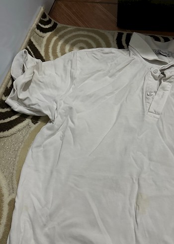 Erkek Beyaz Kısa Kollu Keten Polo Tişört hafif lekeli - Görsel 2