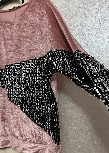 Pullu Pembe Kadın Sweatshirt kadife - Görsel 3