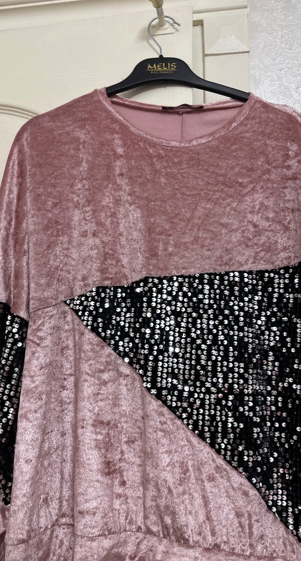 Pullu Pembe Kadın Sweatshirt kadife - Görsel 4