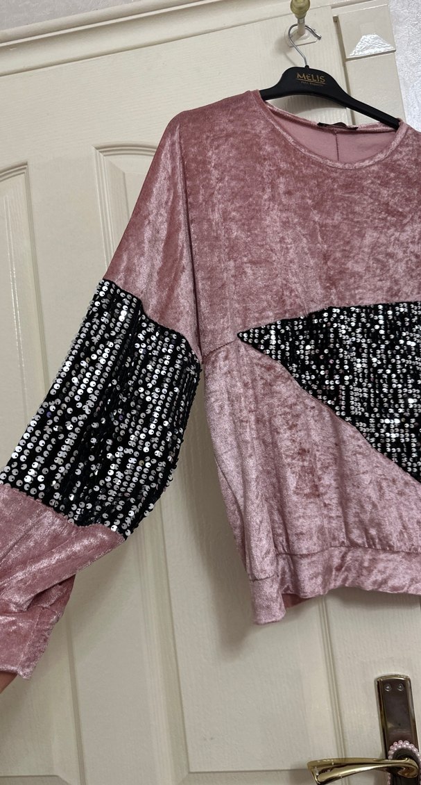 Pullu Pembe Kadın Sweatshirt kadife - Görsel 2