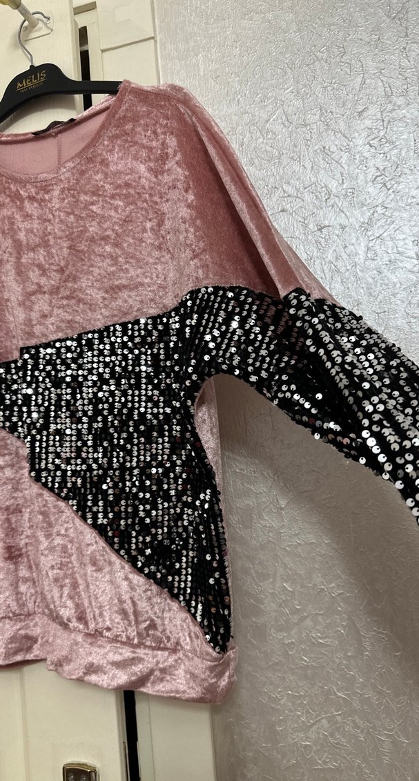 Pullu Pembe Kadın Sweatshirt kadife - Görsel 3