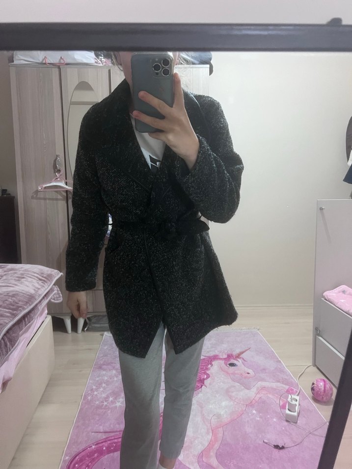 Gri Kemerli Midi Kadın Kaban - Görsel 2