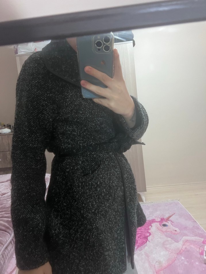 Gri Kemerli Midi Kadın Kaban - Görsel 3