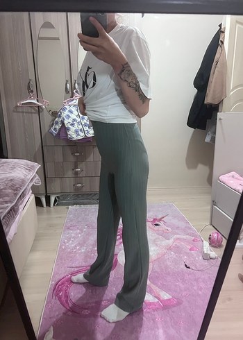 Gri Düğmeli Rahat Kesim Kadın Kumaş Pantolon - Görsel 2