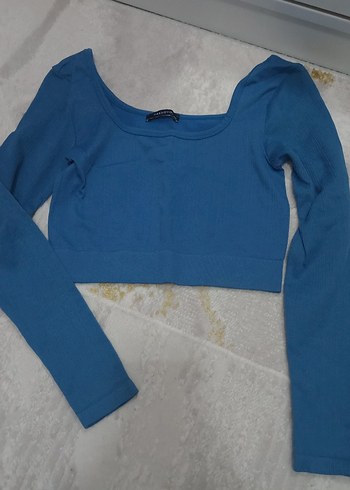 Mavi Uzun Kollu Crop Top - Görsel 2