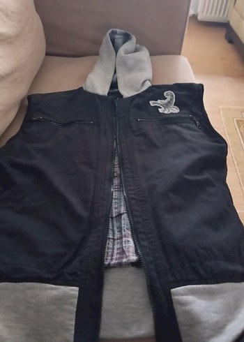 Koyu Gri Baskılı Erkek Çocuk Biker Yelek - Görsel 5