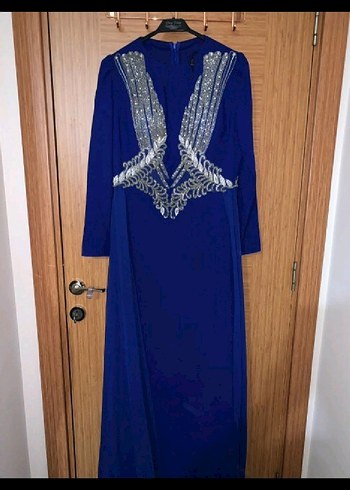 Mavi Uzun Kollu Payetli İşlemeli Abiye Elbise - Görsel 2