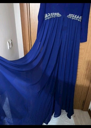 Mavi Uzun Kollu Payetli İşlemeli Abiye Elbise - Görsel 3