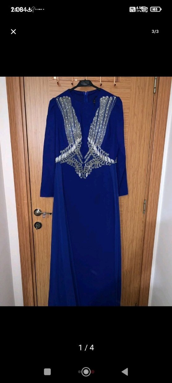 Mavi Uzun Kollu Payetli İşlemeli Abiye Elbise - Görsel 2