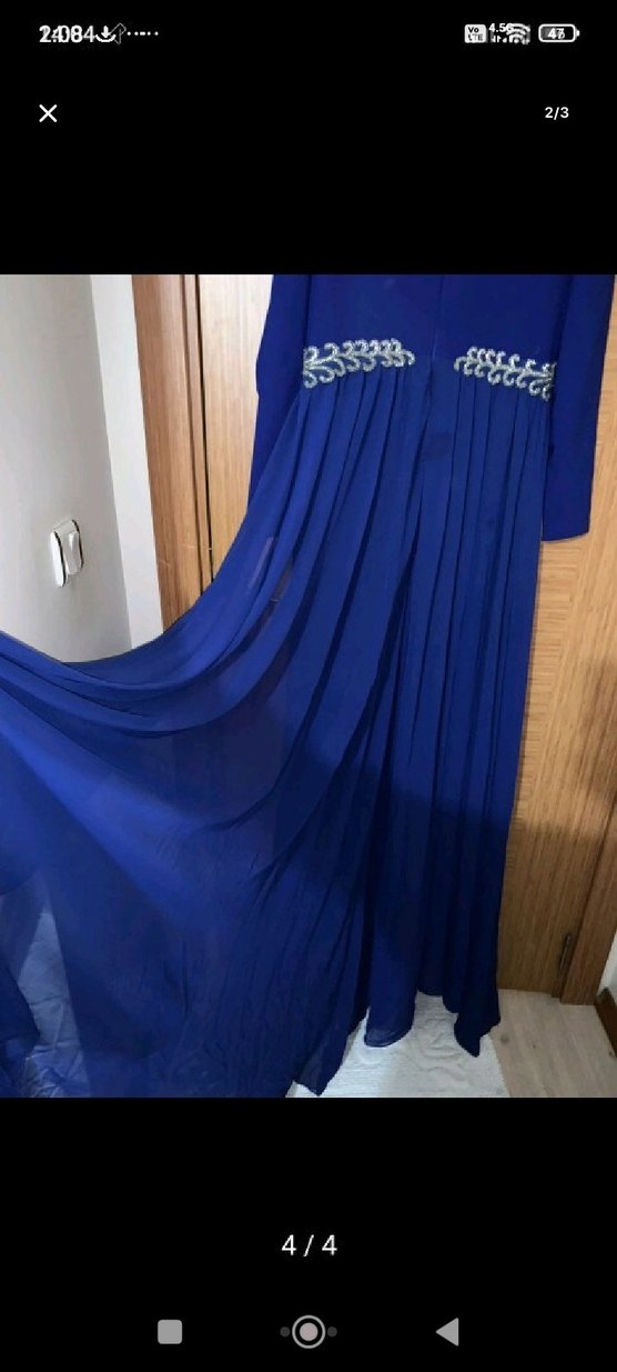 Mavi Uzun Kollu Payetli İşlemeli Abiye Elbise - Görsel 3