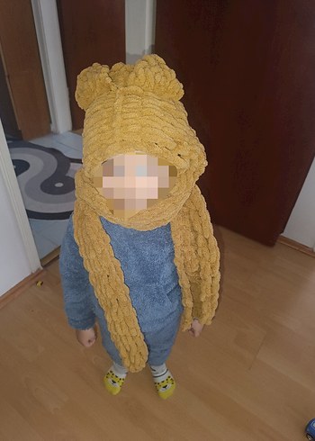 Çocuk İçin Camel Örgü Bere ve Atkı Seti - Görsel 4