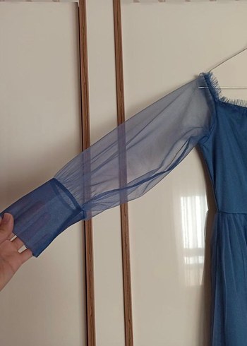 38 Beden mavi Renk Uzun Lacivert Drapeli Kadın Abiye Elbise