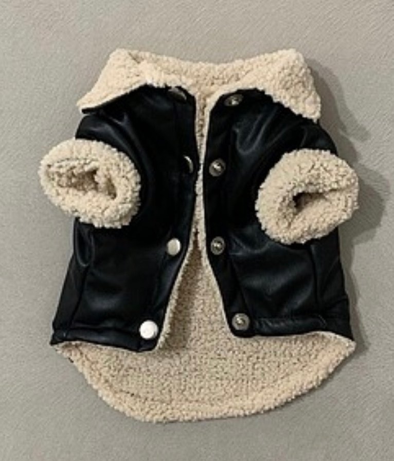 Kürk Detaylı Siyah Biker Kedi Köpek Montu - Görsel 4