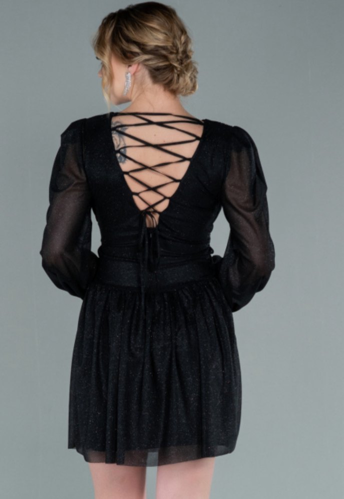 Siyah Simli V Yakalı Kemer Detaylı Kadın Abiye Elbise - Görsel 2