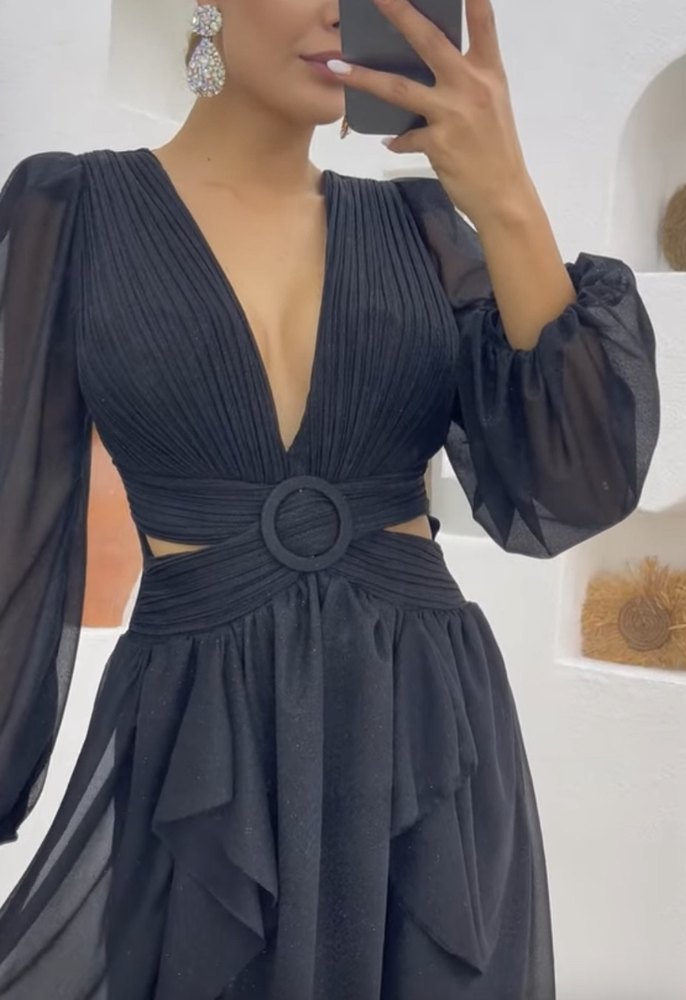 Siyah Simli V Yakalı Kemer Detaylı Kadın Abiye Elbise - Görsel 3