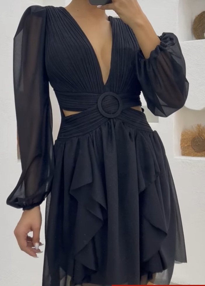 Siyah Simli V Yakalı Kemer Detaylı Kadın Abiye Elbise - Görsel 4