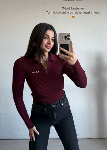 l Beden bordo Renk Bordo Polo Yaka Fitilli Triko Kazak