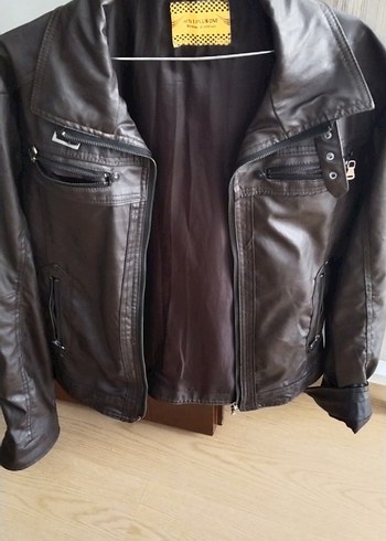 Düğmeli Kahverengi Deri Biker Ceket - Görsel 6