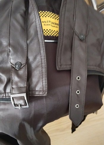 Düğmeli Kahverengi Deri Biker Ceket - Görsel 3