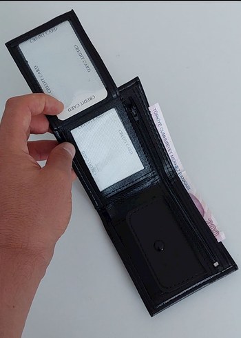 Siyah suni Deri Erkek Cüzdanı, 4 Kartlık, Fermuarlı - Görsel 3