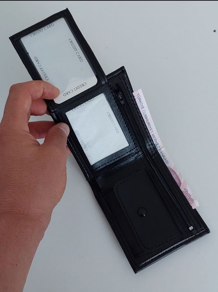 Siyah suni Deri Erkek Cüzdanı, 4 Kartlık, Fermuarlı - Görsel 3