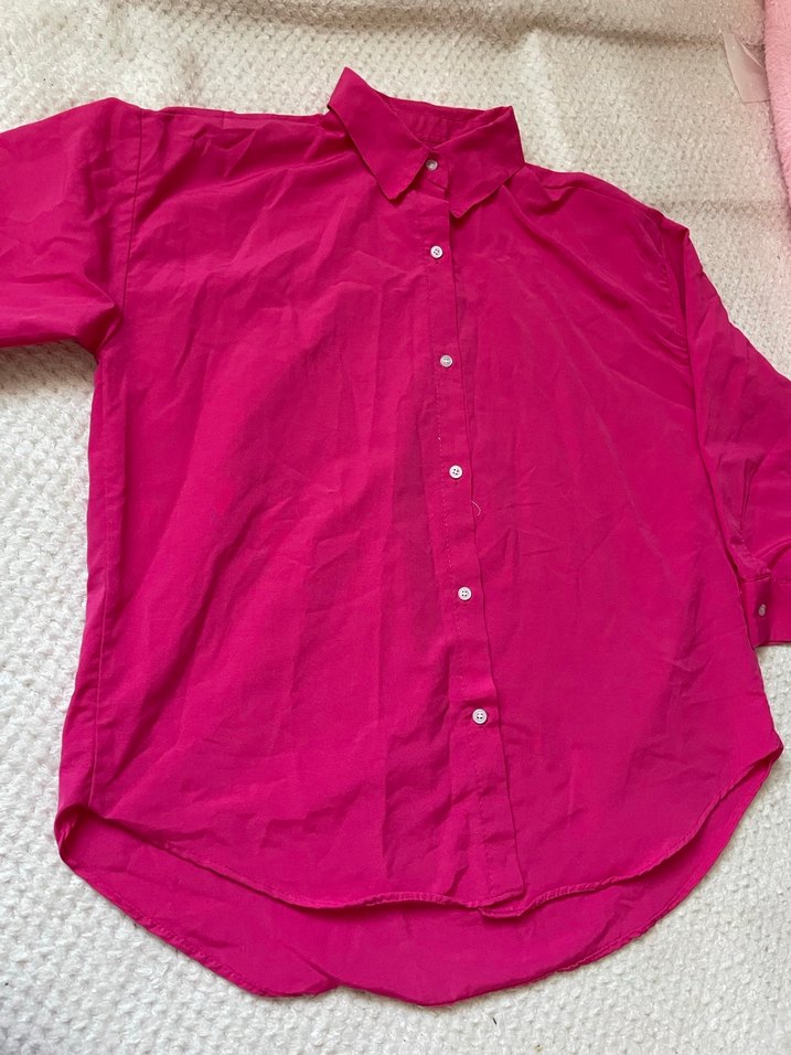 Oversize kesim pembe fuşyamsı kadın gömlek - Görsel 2