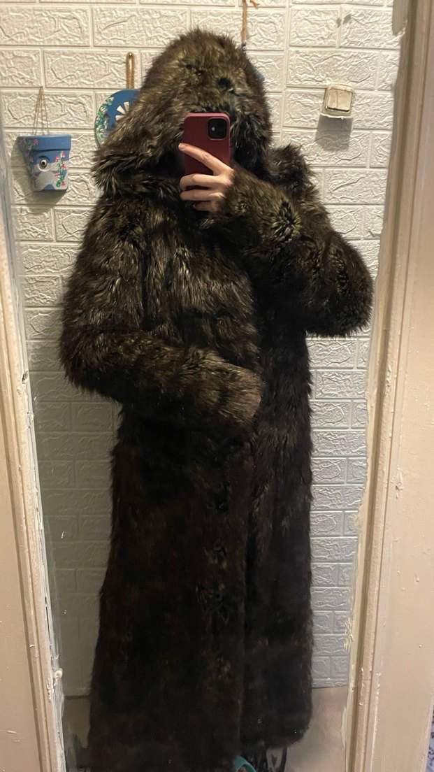 Kahverengi Uzun Kadın Peluş Kürk Kaban - Görsel 5