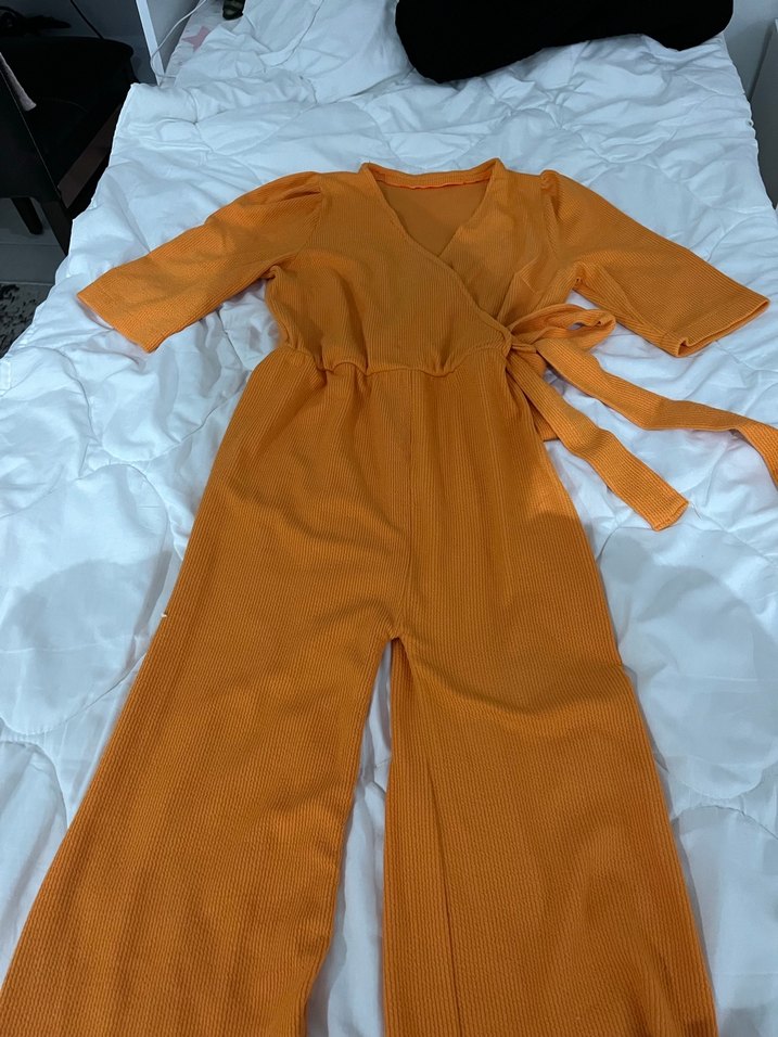 Turuncu V Yakalı Kadın  Tulum - Görsel 4