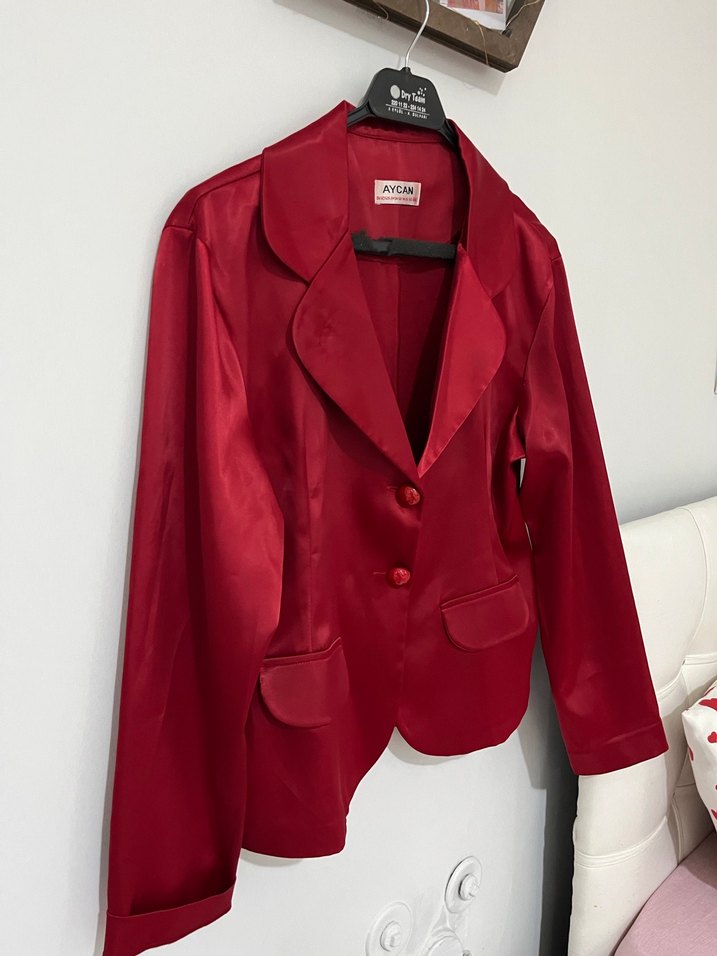 Bordo Kadın Mini Saten Ceket - Görsel 2