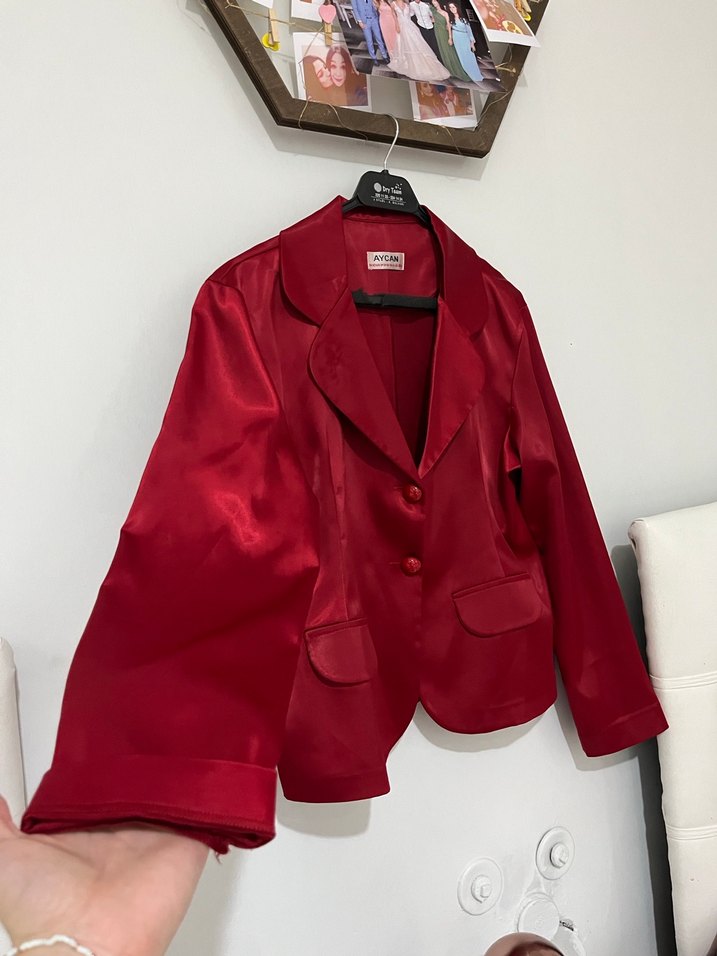 Bordo Kadın Mini Saten Ceket - Görsel 3