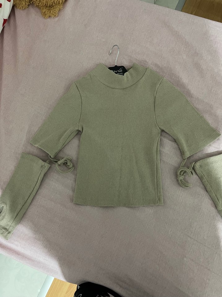 Bej Kısa Kollu Boğazlı Triko Kadın Kazak - Görsel 3