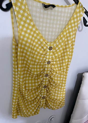 Düğmeli V Yaka Sarı Kareli Kadın Bluz - Görsel 2