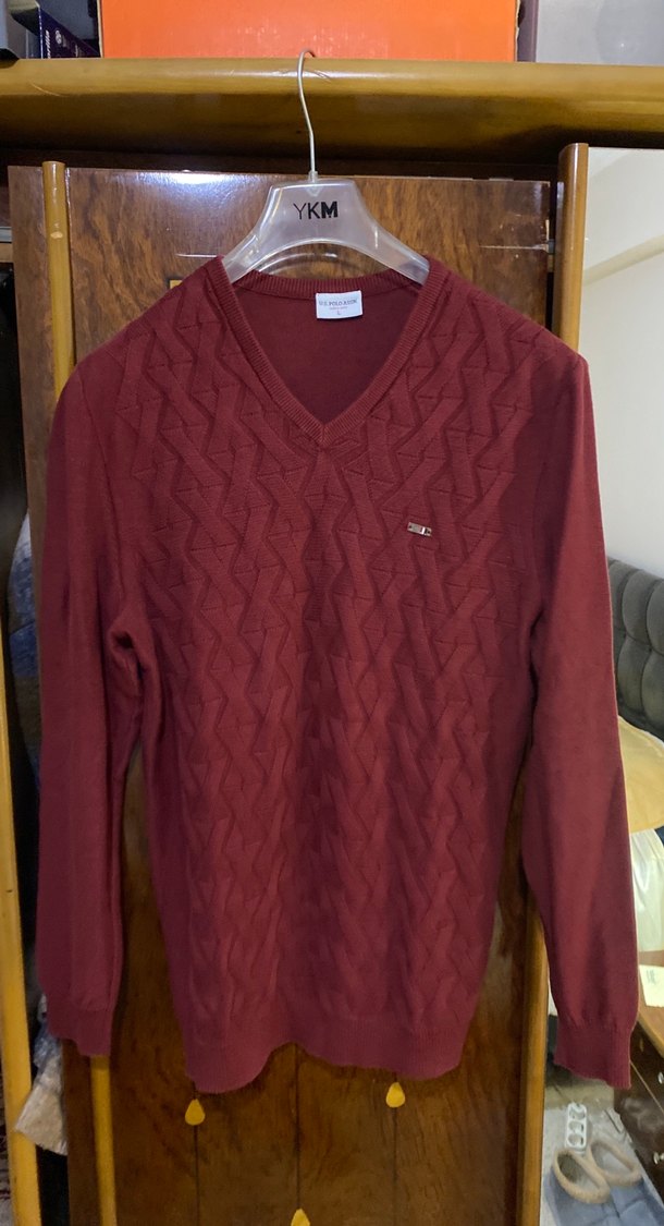 Us Polo Assn Bordo V Yaka Erkek Triko Kazak - Görsel 2