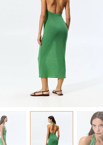 Yeşil V Yakalı Uzun İnce Elbise - Görsel 3