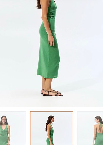 Yeşil V Yakalı Uzun İnce Elbise - Görsel 2