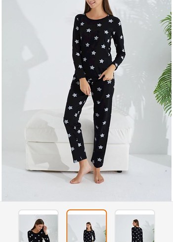 Yıldız Desenli Siyah Uzun Kollu Pijama Takımı
