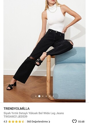 Siyah yırtık detaylı yüksek bel wide leg jeans 