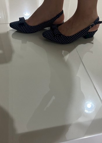 Polaris Mavi Puantiyeli Kadın Denim Topuklu Babet