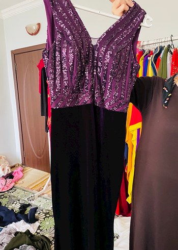 Mor V Yakalı Uzun Drapeli Abiye Elbise - Görsel 7