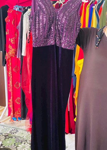 Mor V Yakalı Uzun Drapeli Abiye Elbise - Görsel 5