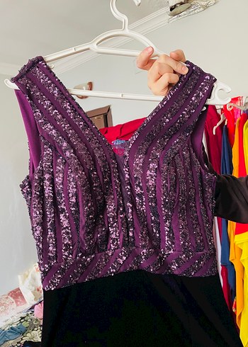 Mor V Yakalı Uzun Drapeli Abiye Elbise - Görsel 8