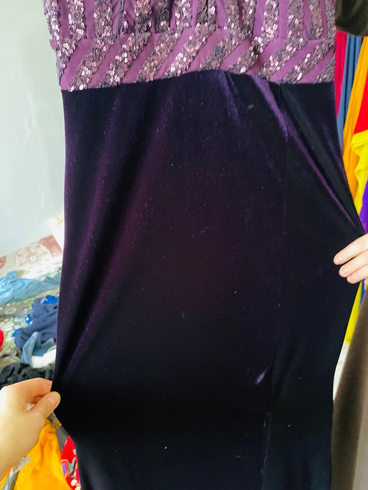 Mor V Yakalı Uzun Drapeli Abiye Elbise - Görsel 2