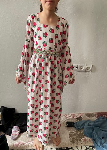 Pembe Çiçek Desenli Uzun Bohem  yöresel - Görsel 3