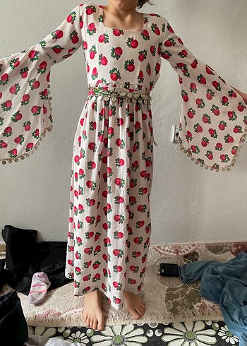 Pembe Çiçek Desenli Uzun Bohem  yöresel - Görsel 6