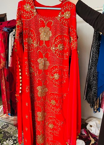 Kırmızı Nakışlı Uzun Kadın Hint Elbisesi - Görsel 5
