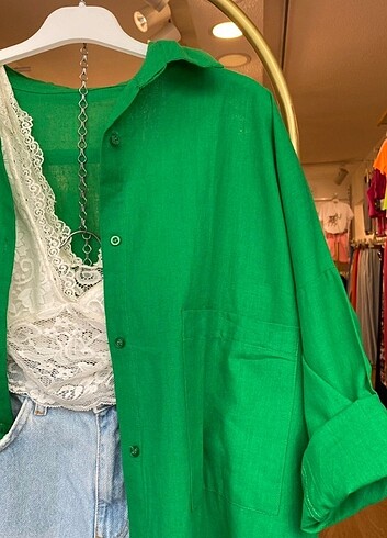 Diğer Yeşil Cepli basic uzun keten gömlek 